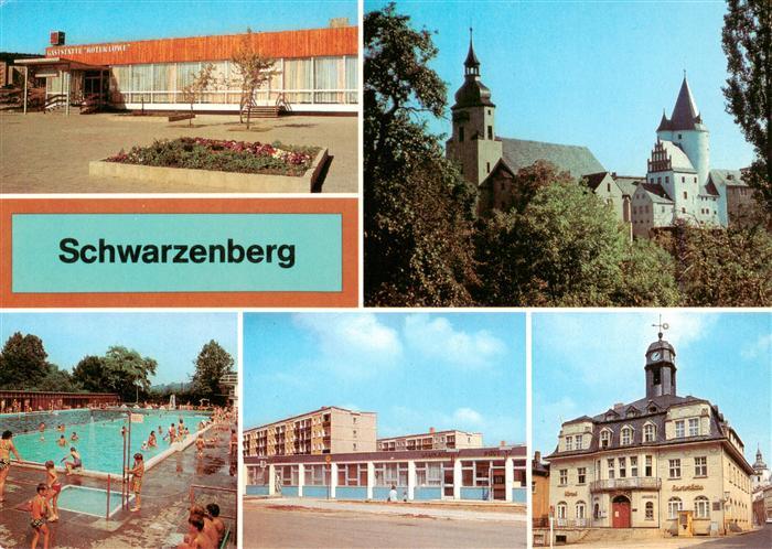 Schwarzenberg  Erzgebirge Gaststaette Roter Loewe Schloss und Kirche Freibad Die