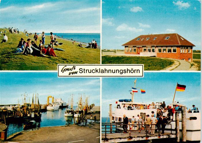 Strucklahnungshoern Badestrand Gaststaette Hafen mit Faehre MS Adler