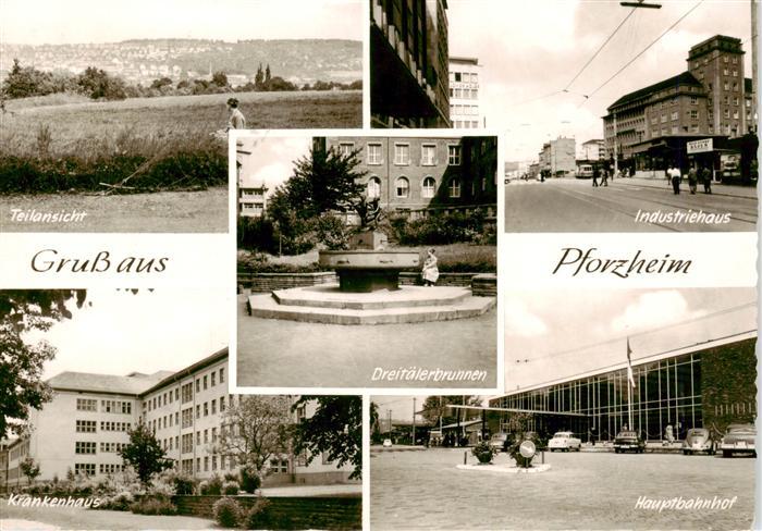 Pforzheim Panorama Dreitaelerbrunnen Industriehaus Krankenhaus Hauptbahnhof