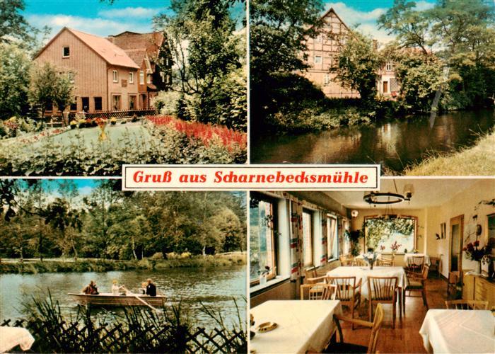 Hermannsburg Pension Scharnebecksmuehle Gastraum Partie am Wasser Bootfahren
