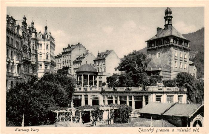 Karlovy Vary Karlsbad Zamecky pramen a mestska vez