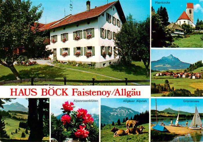 Faistenoy Haus Boeck Pfarrkirche Alpenrosenblueten Allgaeuer Alpvieh Gruentensee