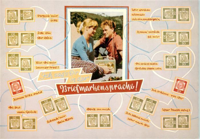 BriefmarkenSPRACHE auf Ak Language des Timbres-- Briefmarkensprache Liebespaar R
