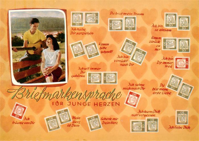 BriefmarkenSPRACHE auf Ak Language des Timbres-- Briefmarkensprache Liebespaar R