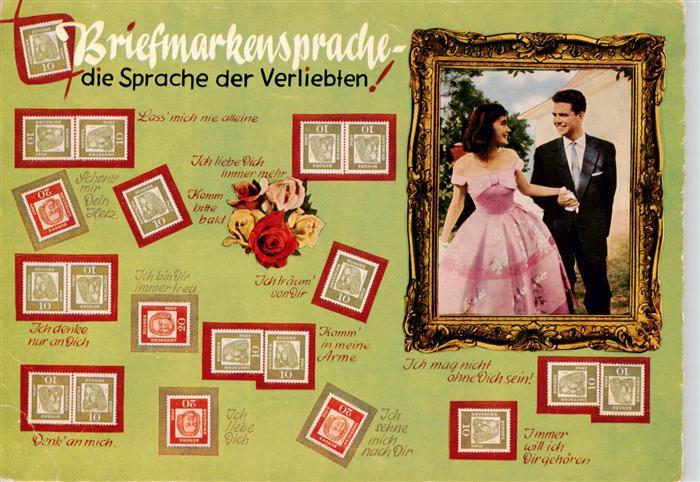 BriefmarkenSPRACHE auf Ak Language des Timbres-- Briefmarkensprache Liebespaar R