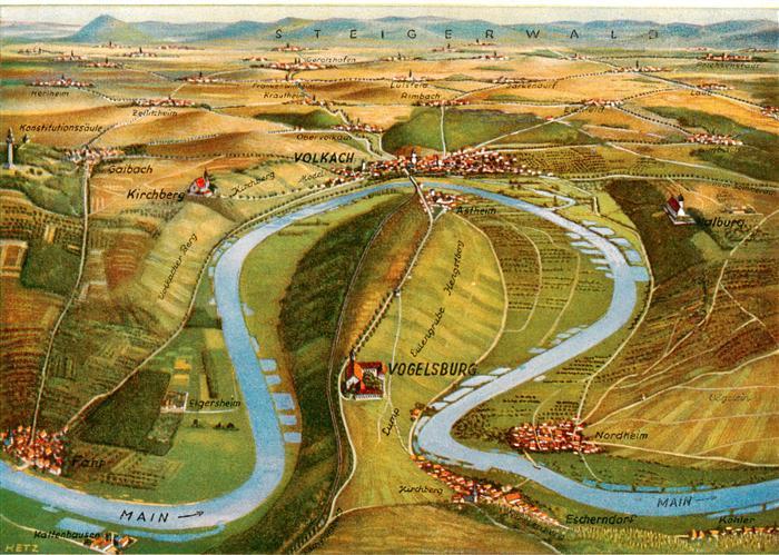 Volkach Fraenkische Huegellandschaft mit Frucht und Rebgelaende Panoramakarte