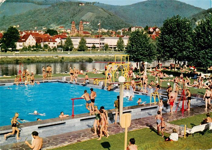 Eberbach Baden Neckar Freibad Blick zum Kurhaus und Burg im Hintergrund