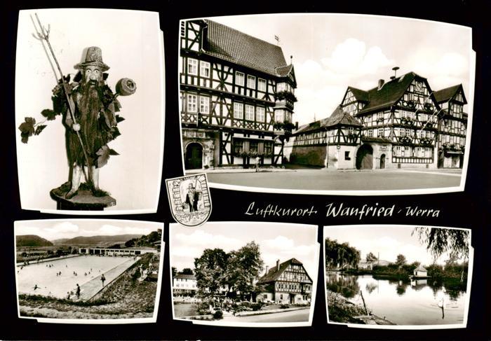 Wanfried Stadtzentrum Luftkurort Fachwerkhaeuser Freibad Partie am Wasser