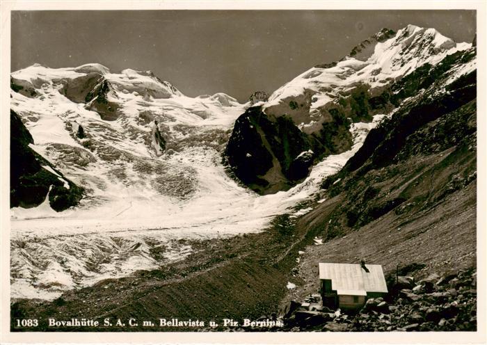 Bovalhuette SAC 2495m Morteratsch GR Berghuette mit Bellavista und Piz Bernina