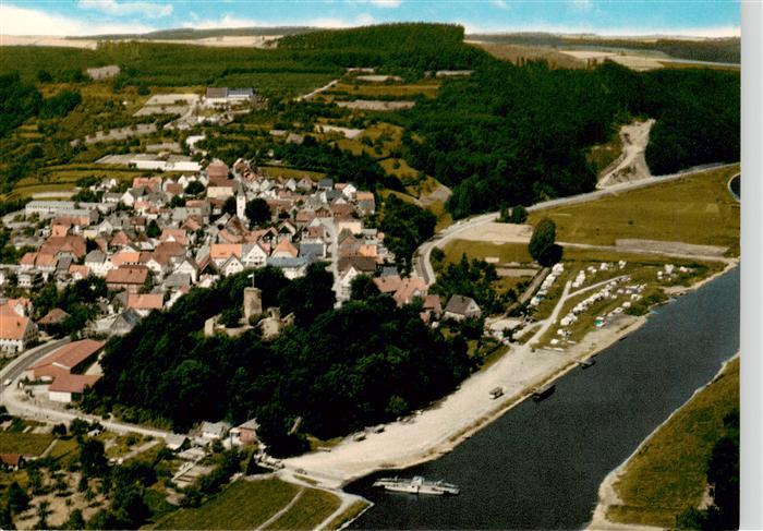 Polle Oberweser Fliegeraufnahme mit Faehre und Schloss
