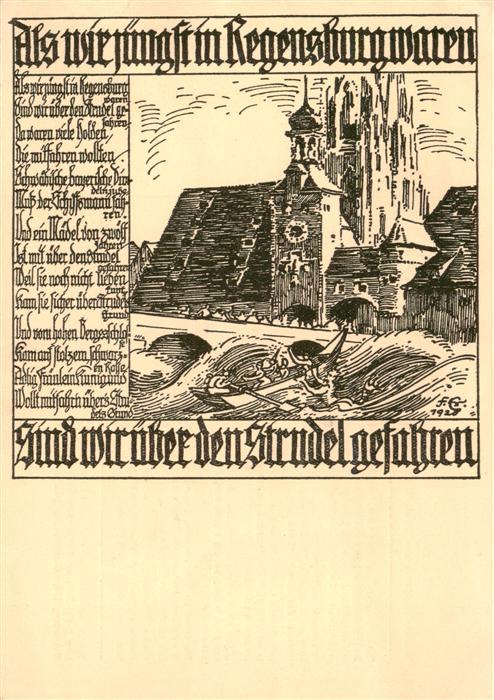 REGENSBURG Bayern Strudel mit Kirche Zeichnung