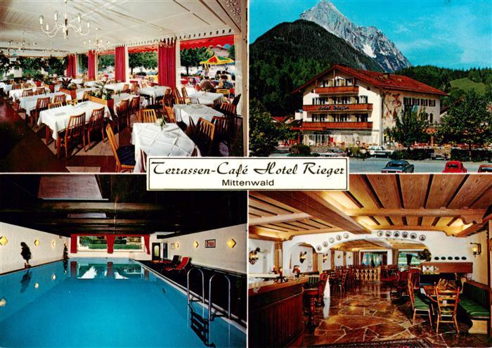 Mittenwald Bayern Terrassencafe Hotel Rieger Gastraeume Hallenbad