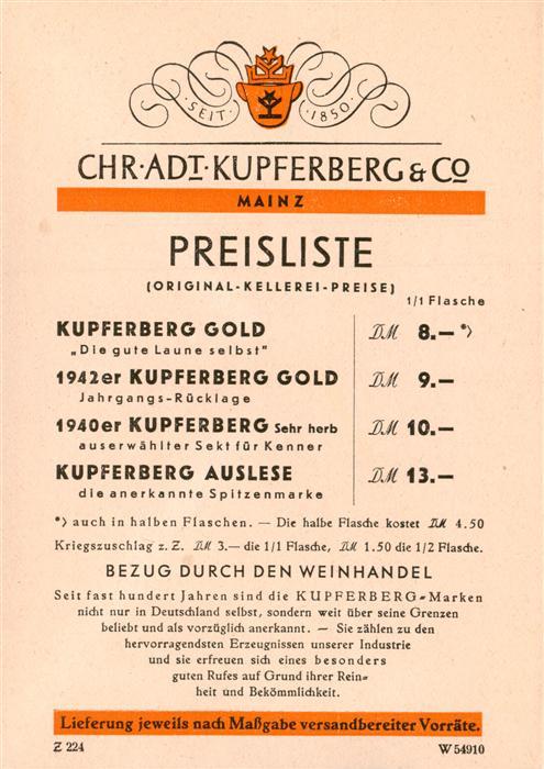 Mainz  Rhein Chr Adt Kupferberg et Co Sektkellerei Preisliste