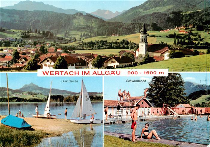 Wertach Bayern Ortsansicht mit Kirche Gruentensee Schwimmbad