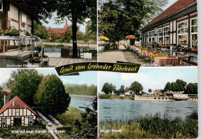 Grohnde Gasthaus Grohnder Faehrhaus Im Garten Blick auf Saal Garten und Weser Pa
