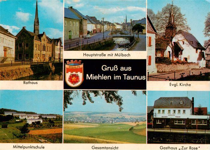 Miehlen Taunus Rathaus Hauptstr mit Muelbach Ev Kirche Mittelpunktschule Panoram