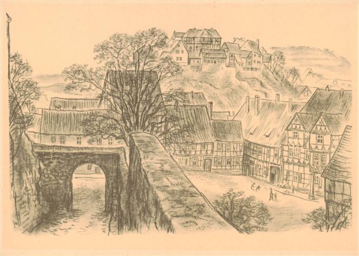 Alt Quedlinburg Schlossaufgang und Muenzenberg Kreidezeichnung