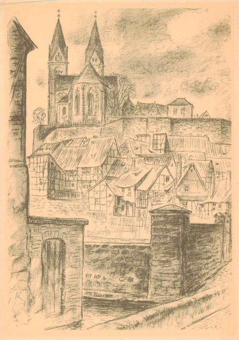 Alt Quedlinburg Blick vom Schiffbleek zum Schloss Kreidezeichnung