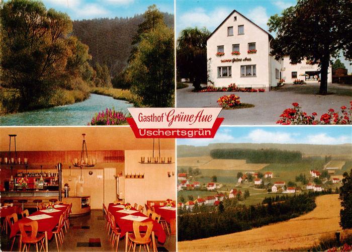Uschertsgruen Gasthof Gruene Aue Gastraum Landschaftspanorama Partie am Fluss
