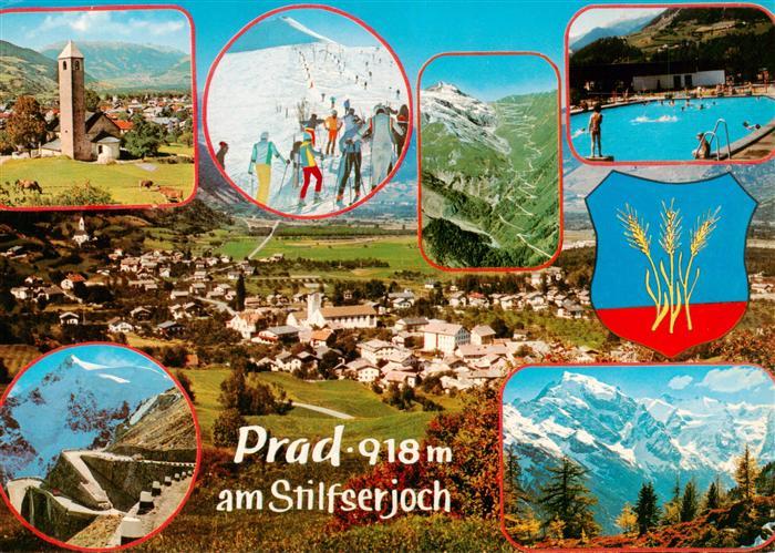 Prad Stilfserjoch Passo Stelvio IT Kirche Serpentinen Skipiste Schwimmbad Panora