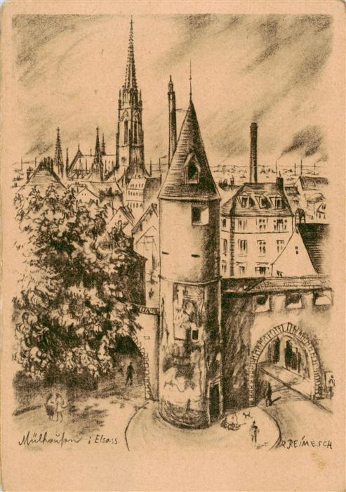 Muelhausen Elsass Sauturm mit protestantischer Kirche Zeichnung