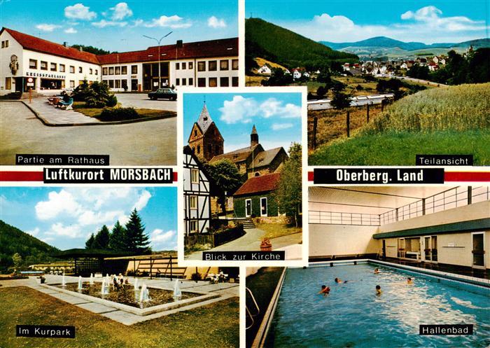 Morsbach Sieg Partie am Rathaus Teilansicht Kurpark Hallenbad Kirche