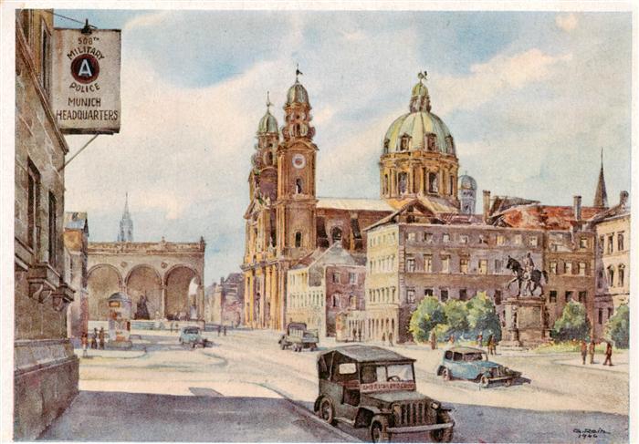 Muenchen Bayern Odeonplatz Feldherrnhalle und Theatinerkirche 1945 46 Aquarell
