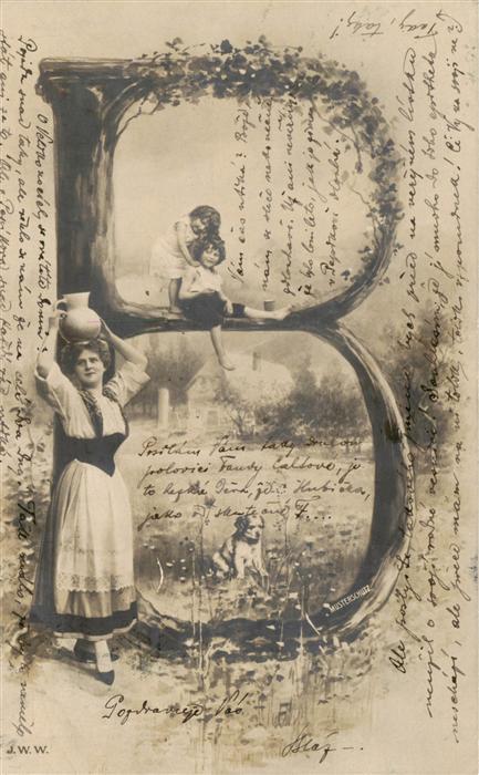 Buchstabenkarte Letter Lettre J.w.w B Kinder Frau Hund