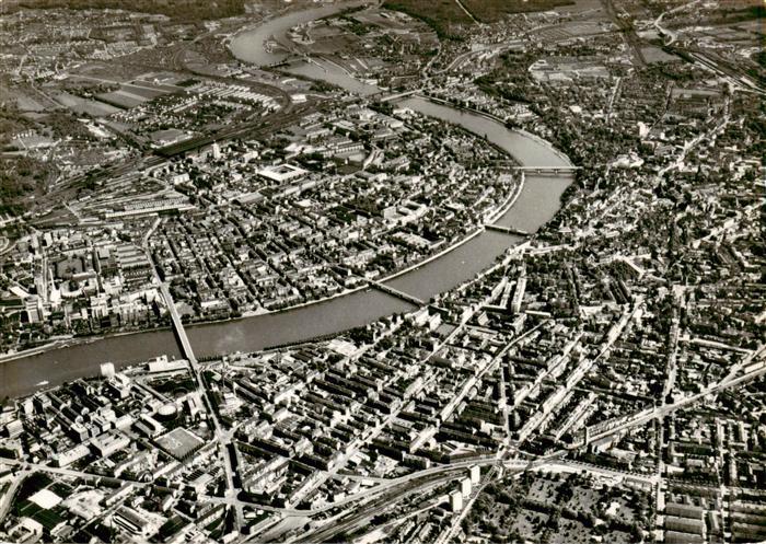 Basel BS Fliegeraufnahme mit den 5 Rheinbruecken und Kraftwerk Birsfelden