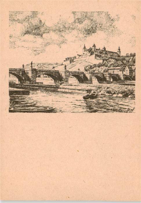 Wuerzburg Bayern Alte Mainbruecke mit Veste Marienberg Zeichnung