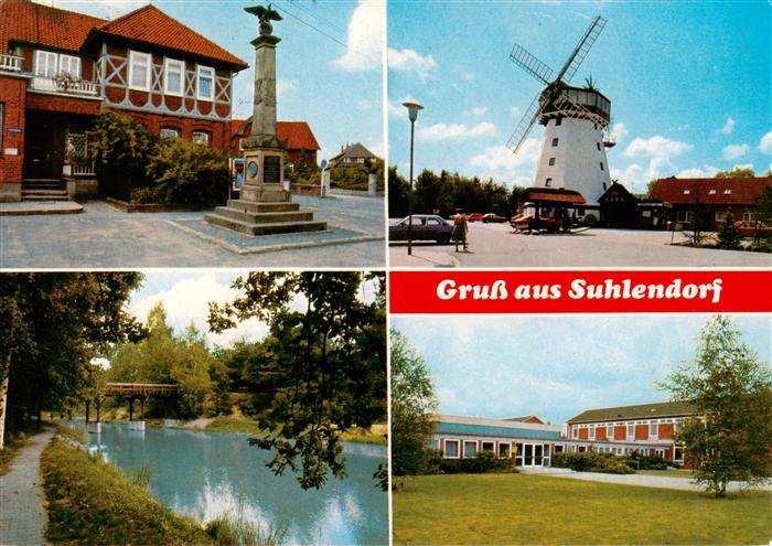 Suhlendorf Teilansichten Denkmal Windmuehle Schule Partie am Fluss