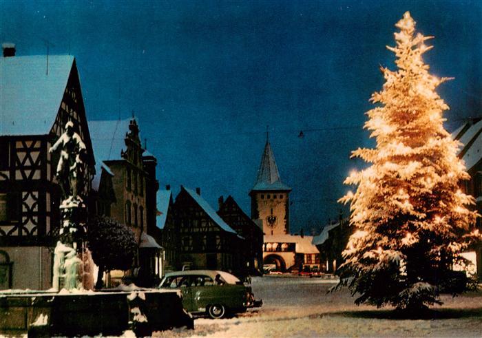 Gengenbach Weihnachtskarte Marktplatz mit Kirche Christbaum Nachtaufnahme