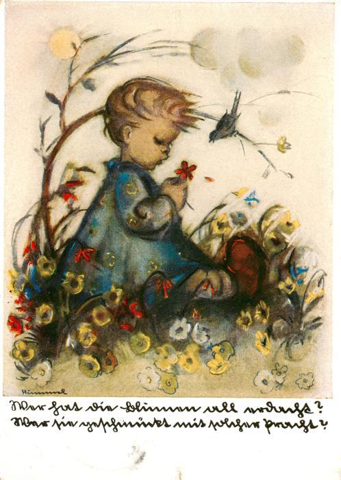 Hummel Kuenstler-AK-Nr. Nr.5220 Josef Mueller Kind Bluemen Vogel