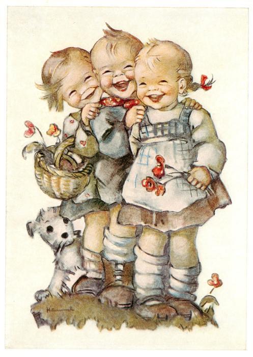 Hummel Kuenstler-AK-Nr. Nr.5918  Josef Mueller Lach mit! Kinder Hund Bluemen Kor