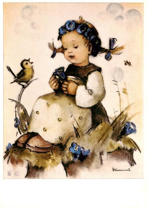 Hummel Kuenstler-AK-Nr. Nr. 5860 Josef Mueller Madchen Vogel Bluemen