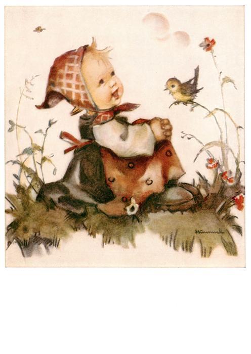 Hummel Kuenstler-AK-Nr. Nr. 5896 Josef Mueller Kind Vogel