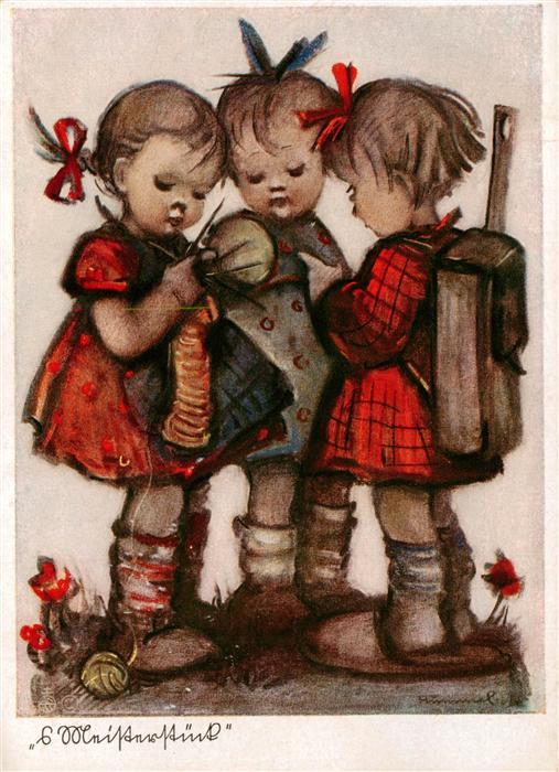 Hummel Kuenstler-AK-Nr. Nr. 5332 Josef Mueller Kinder Stricken