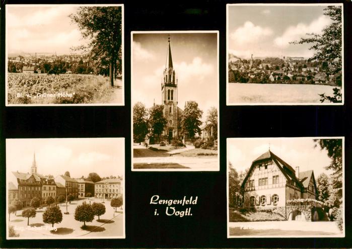 Lengenfeld Vogtland Panorama von Gruener Hoehe Kirche Aug Bebel Platz Parkhotel