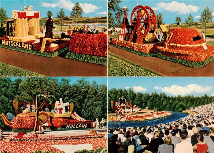 Wiesmoor Aurich Niedersachsen Korsowagen und Freilichtbuehne beim Bluetenfest