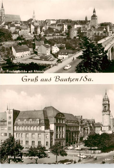 Bautzen Sachsen Friedensbruecke mit Altstadt Blick zum Reichenturm