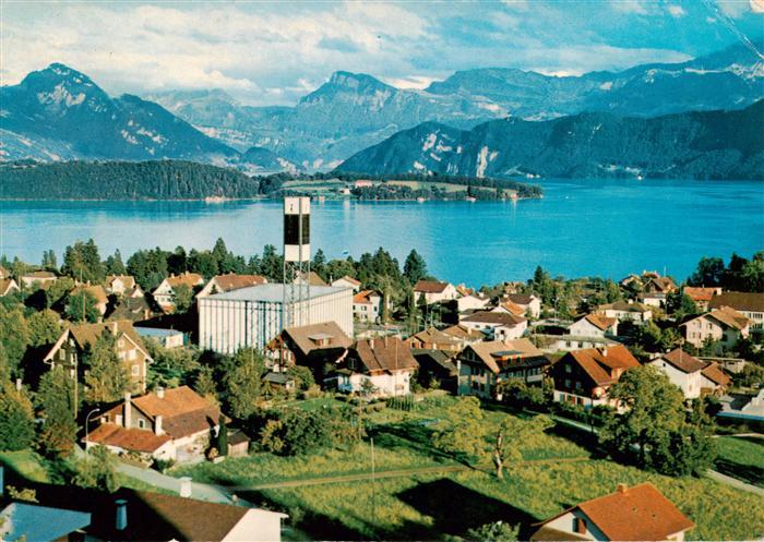 Meggen LU Pius Kirche mit Vierwaldstaettersee und Bergen