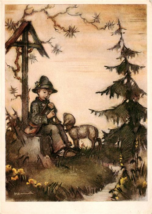 Hummel Kuenstler-AK-Nr. Nr. 5679 Josef Mueller Kind Floete Schaf