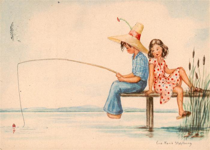 Kuenstlerkarte Eva. Maria Stahlberg Fischen Hut Kinder
