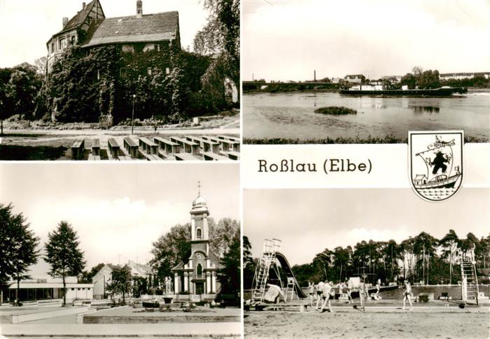 Rosslau Elbe An der Burg Blick ueber die Elbe Schwimmbad Schillerplatz