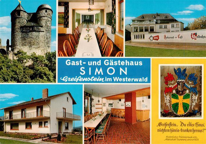 Greifenstein Wetzlar Hessen Ruine Gast und Gaestehaus Simon Gastraum Bar Wappen