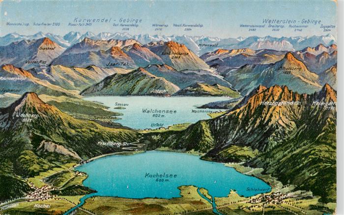 Kochel See Bayern Panoramakarte mit Kochel und Walchensee