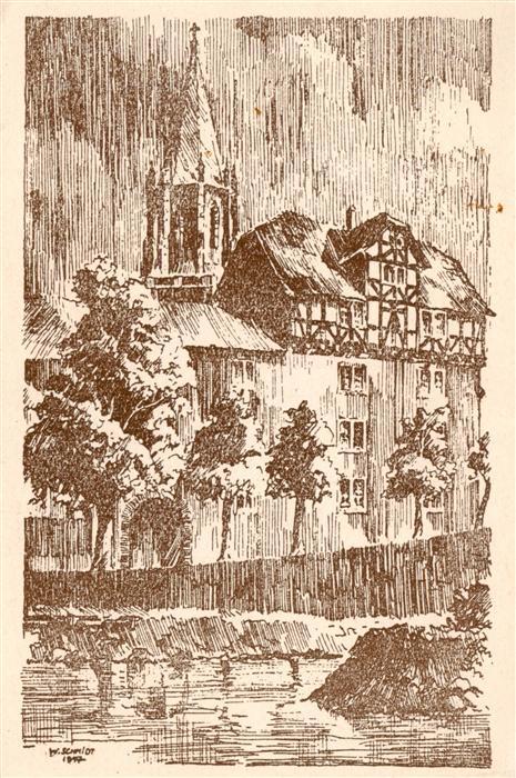 Rotenburg Fulda Steinernes Haus und Elisabethkirche Zeichnung