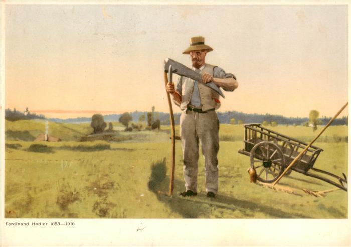 Adelboden BE Bauer beim Schaerfen einer Sense Kuenstlerkarte