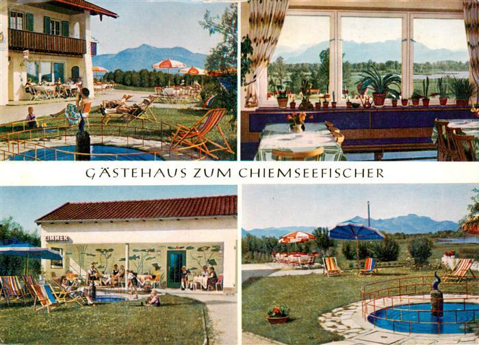 Grabenstaett Chiemsee Gaestehaus zum Chiemseefischer Gastraum Terrasse Pool