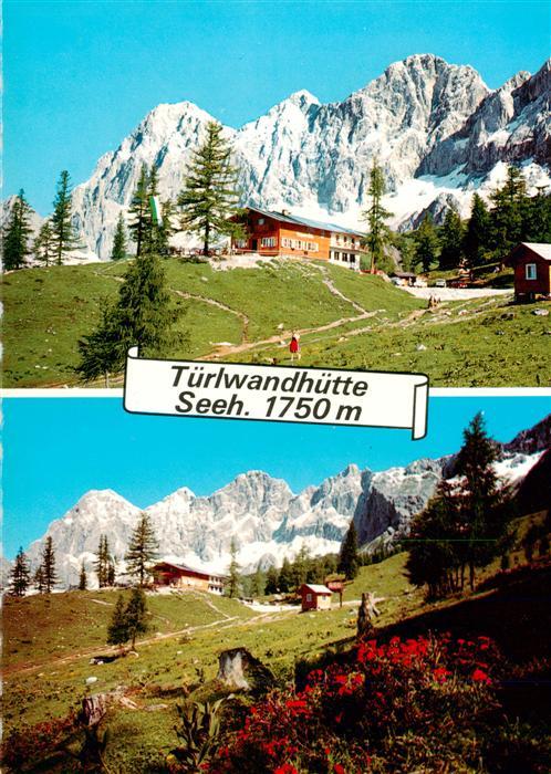 Tuerlwandhuette 1700m Ramsau Steiermark AT mit Dachsteinsuedwaenden Mitterspitze